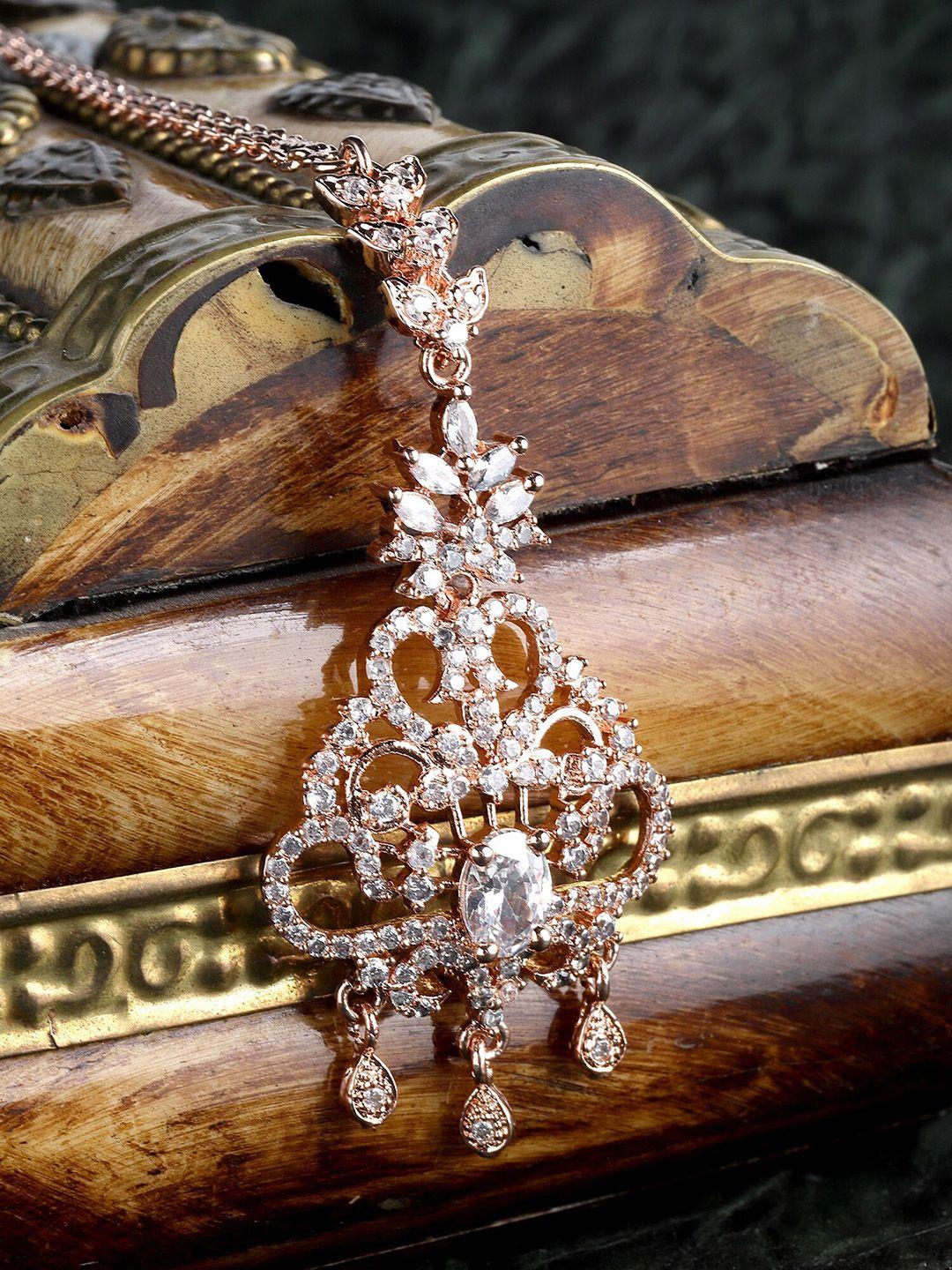 karatcart rose gold-plated cubic zirconia studded maangtikka