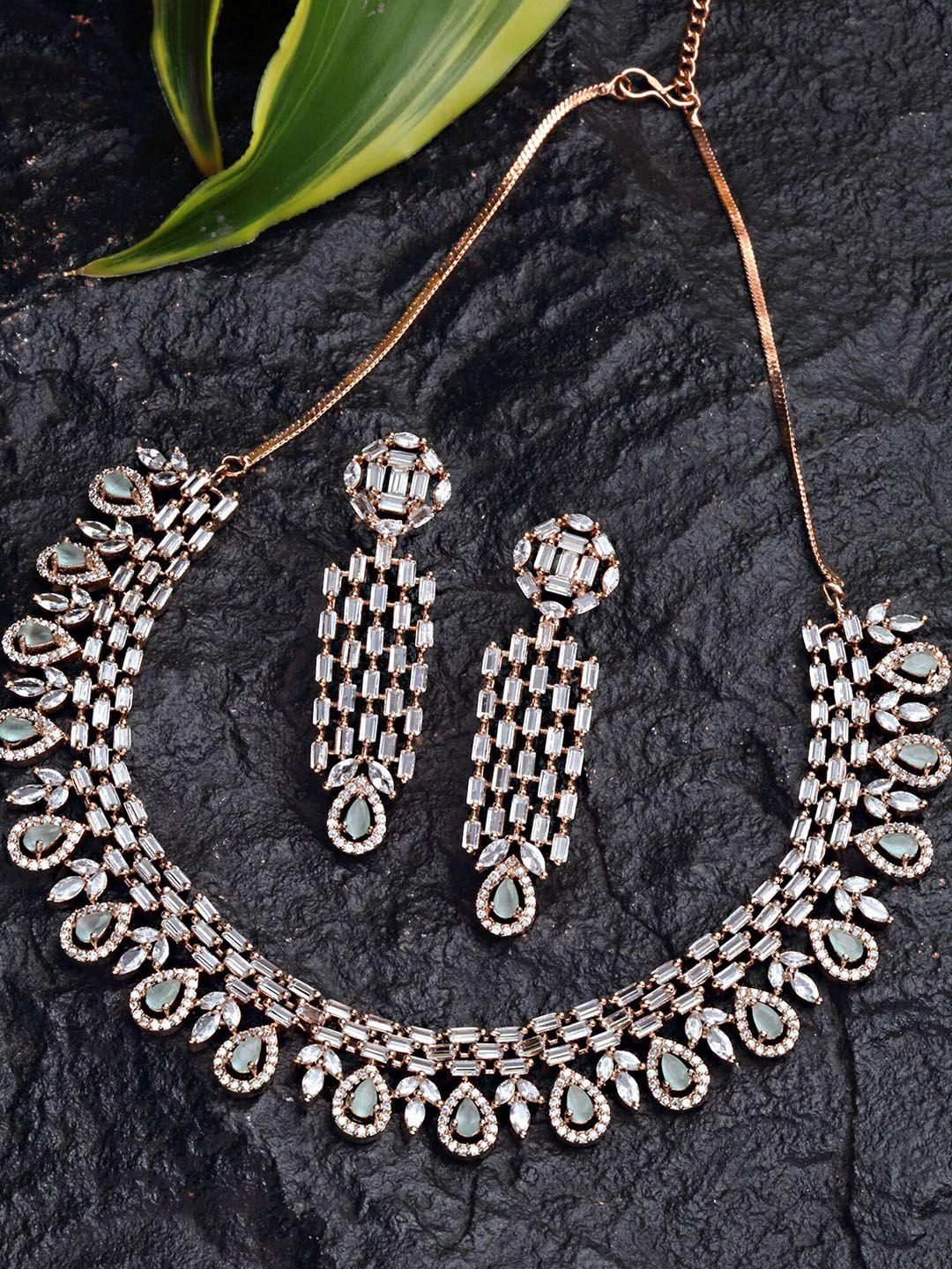 karatcart rose gold-plated green cz-studded jewellery set