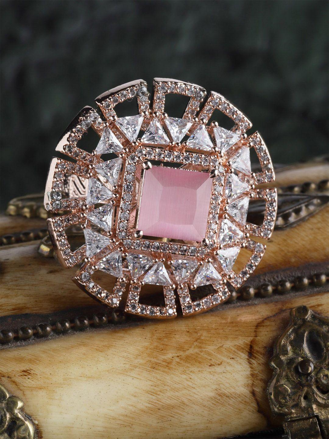 karatcart rose gold-plated pink & white cubic zirconia studded handcrafted finger ring