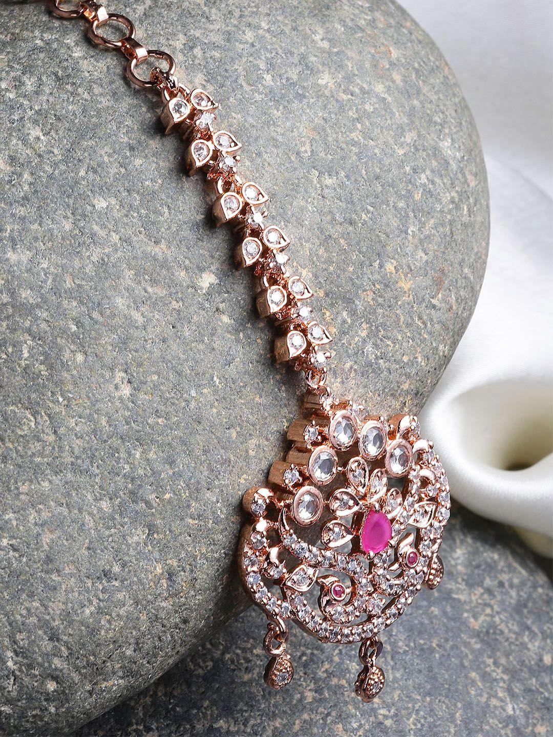 karatcart rose gold-plated white & pink ad-studded maang tikka