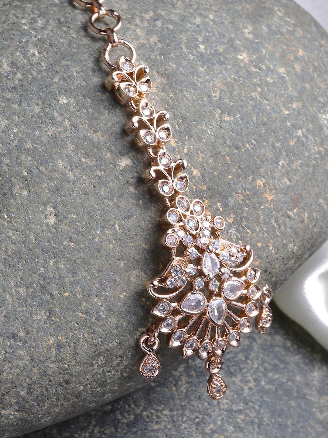 karatcart rose gold-plated white ad stone studded maangtikka