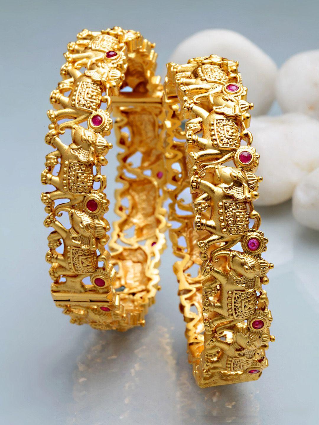 karatcart set of 2 gold-plated & pink stones-studded rajwadi temple bangles