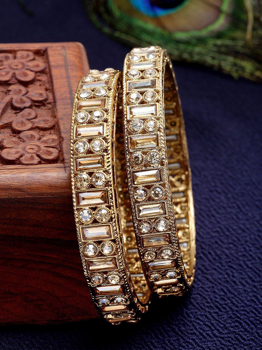 karatcart set of 2 gold-plated kundan stones-studded antique rajwadi bangle