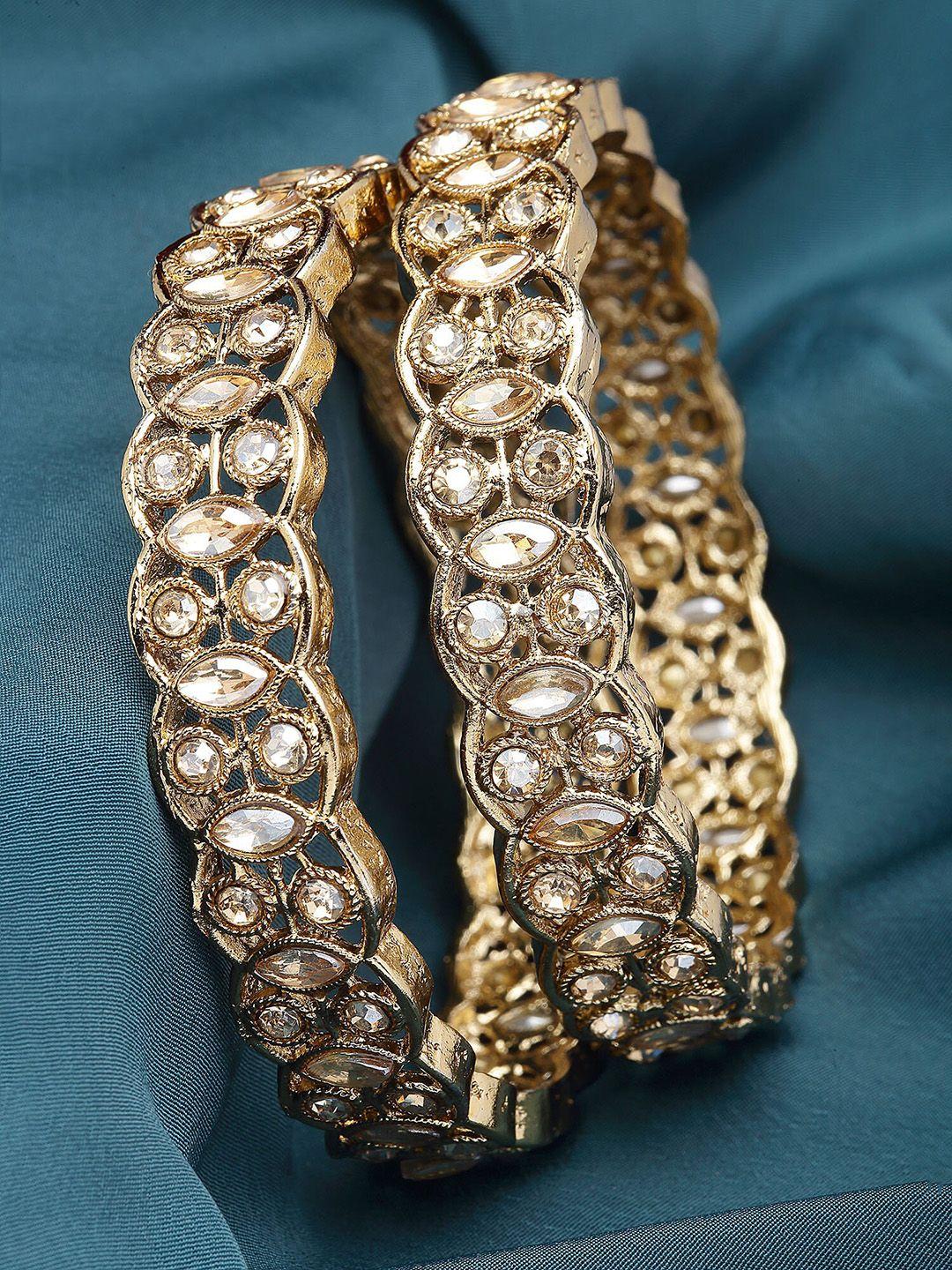karatcart set of 2 gold-plated kundan studded alloy antique bangles