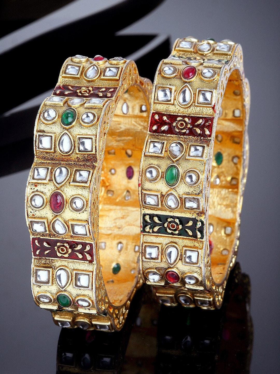 karatcart set of 2 gold-plated kundan studded bangles