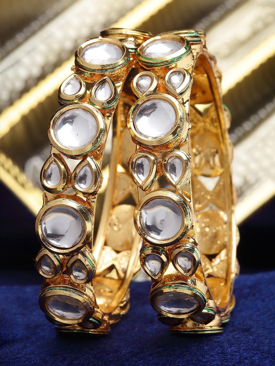 karatcart set of 2 gold-plated kundan-studded bangles