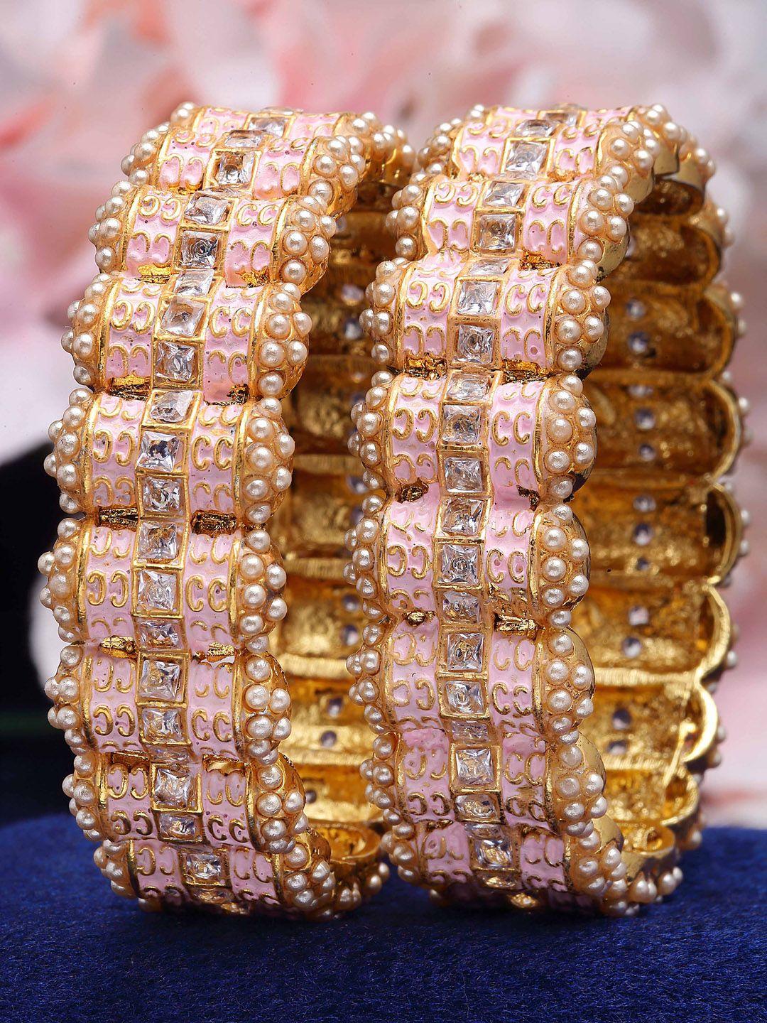 karatcart set of 2 gold-plated kundan studded rajwadi bangles