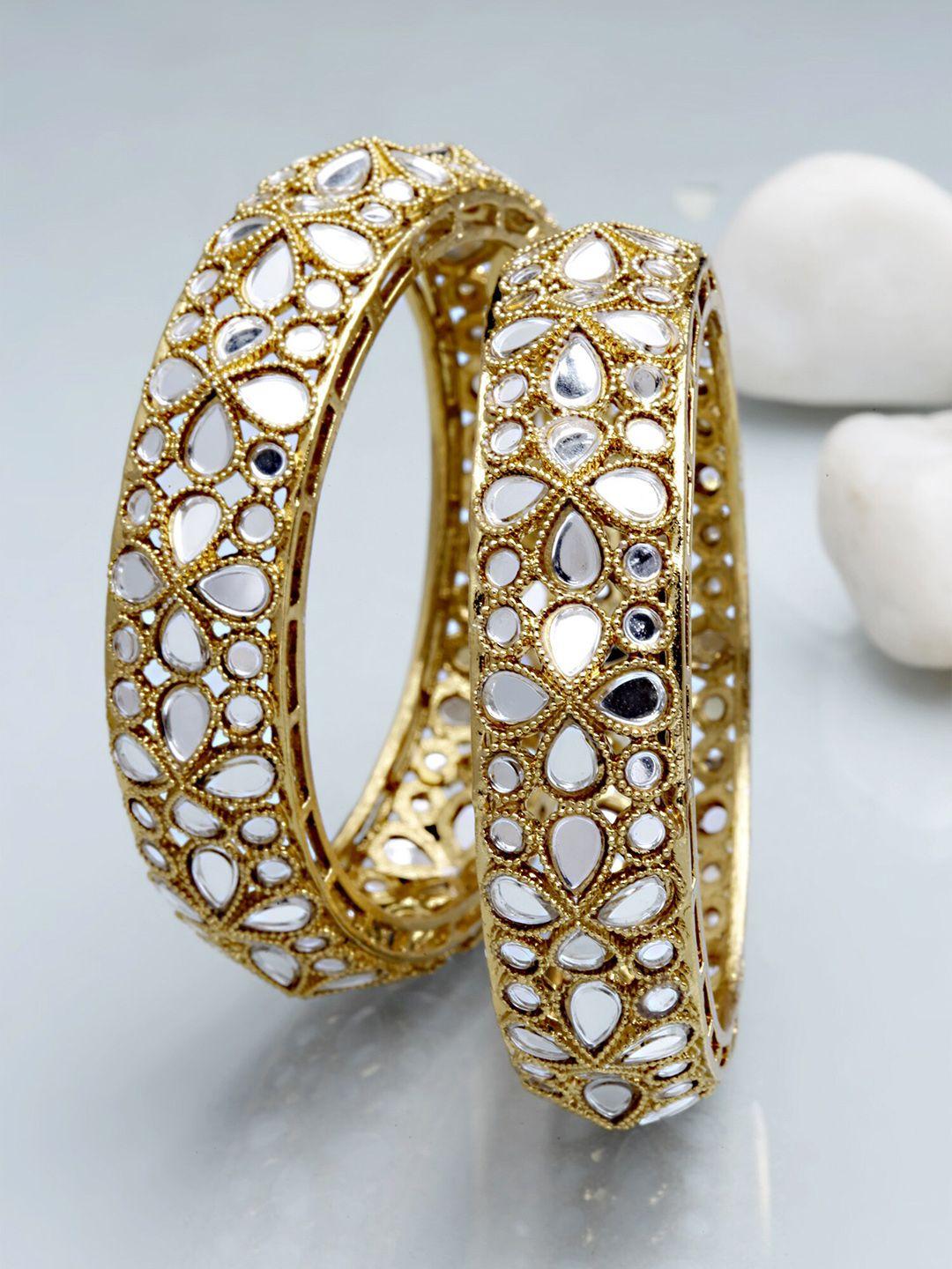 karatcart set of 2 gold-plated white kundan-studded bangles