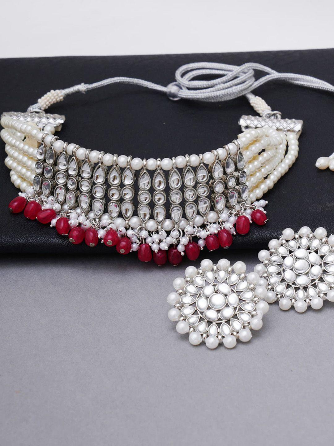 karatcart silver-plated white oxidised kundan-studded beaded jewellery set