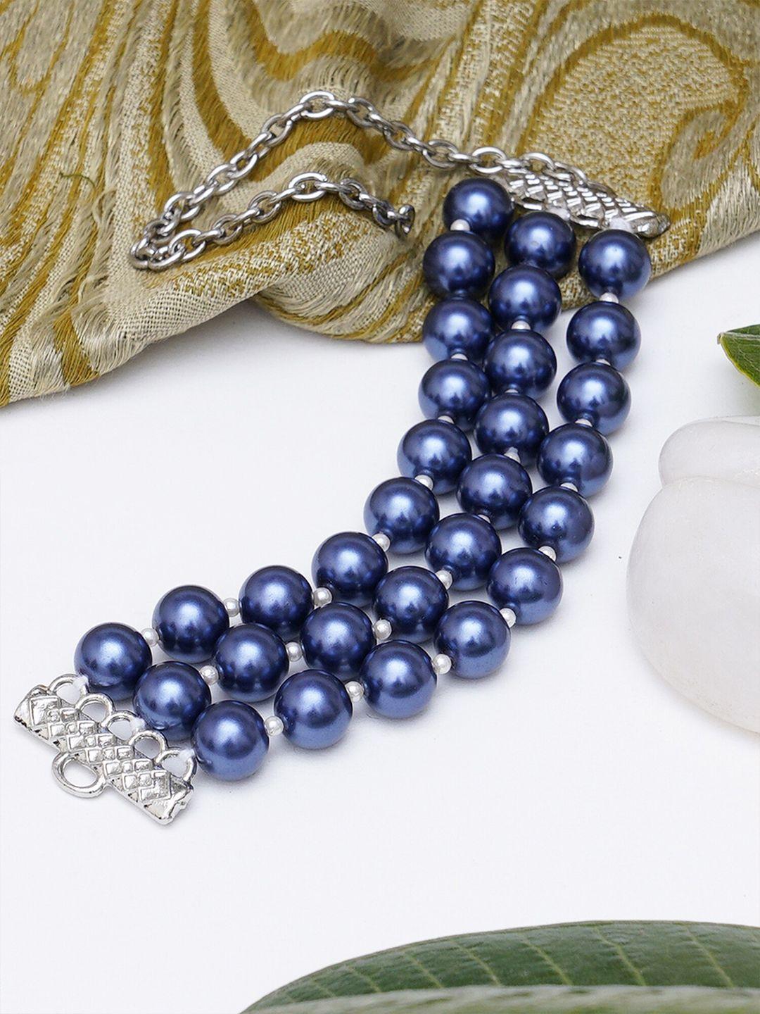 karatcart women blue & silver-toned pearls silver-plated multistrand bracelet