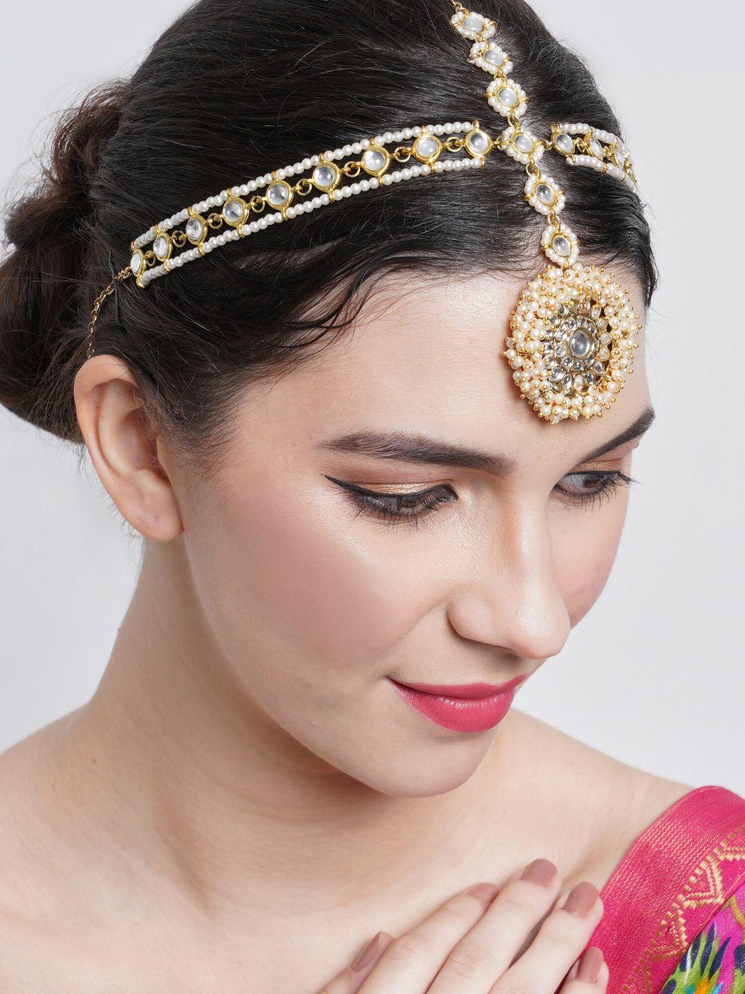 karatcart women gold-plated & white kundan-studded pearls beaded handcrafted mathapatti