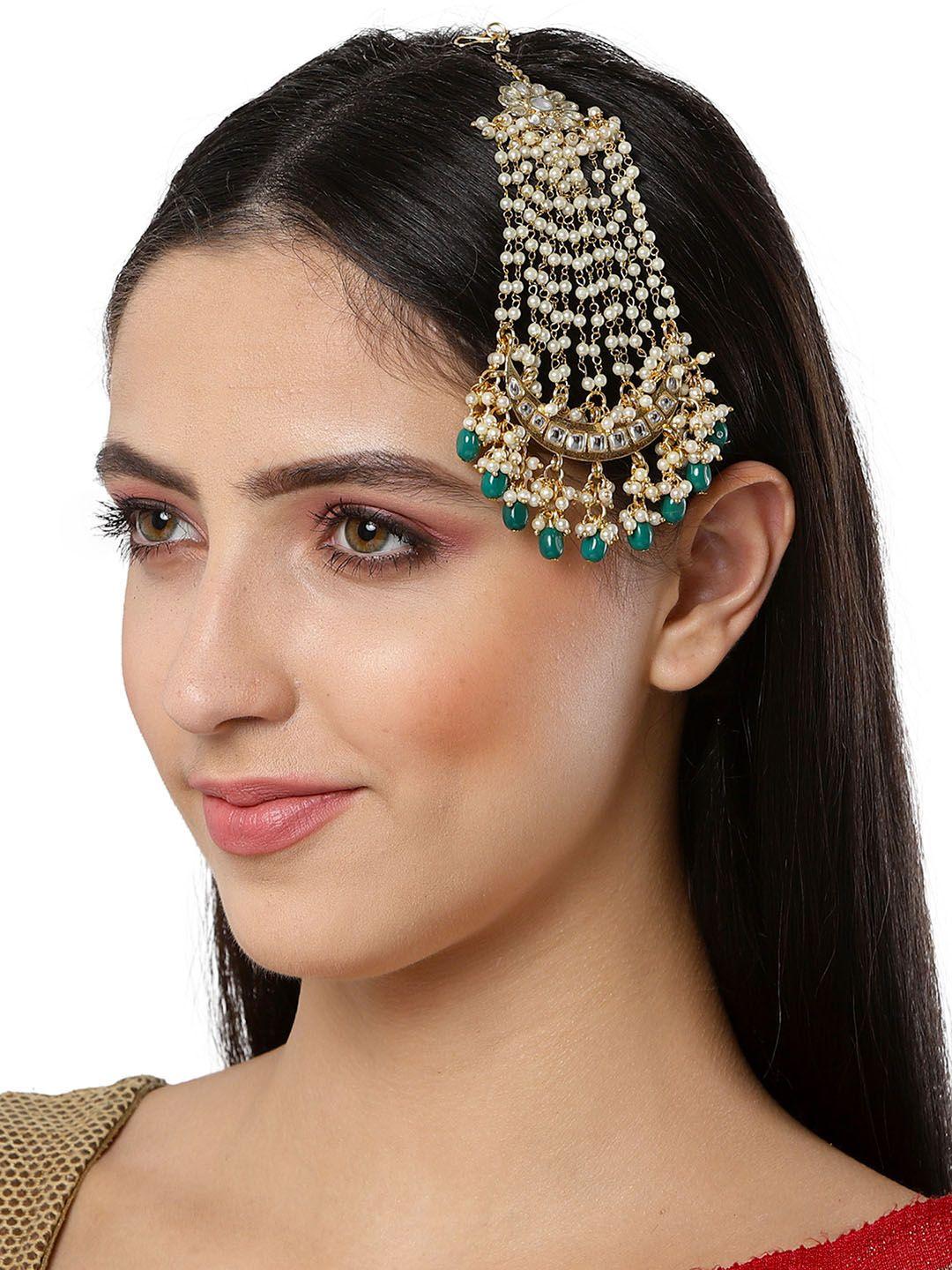 karatcart women green gold-plated kundan studded passa head jewellery