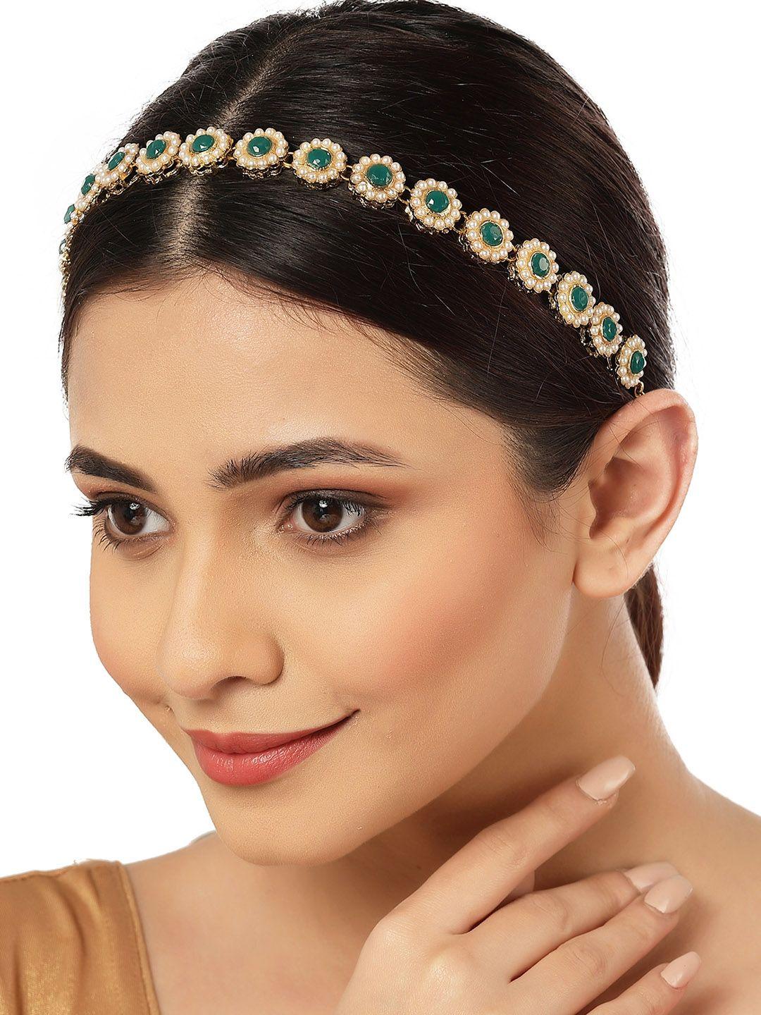 karatcart women green kundan studded head jewellery