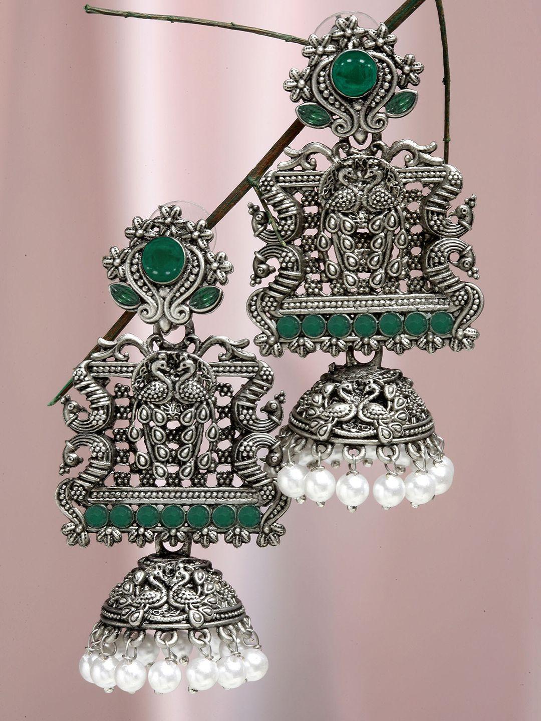 karatcart women oxidised silver green dome shaped jhumkas earrings