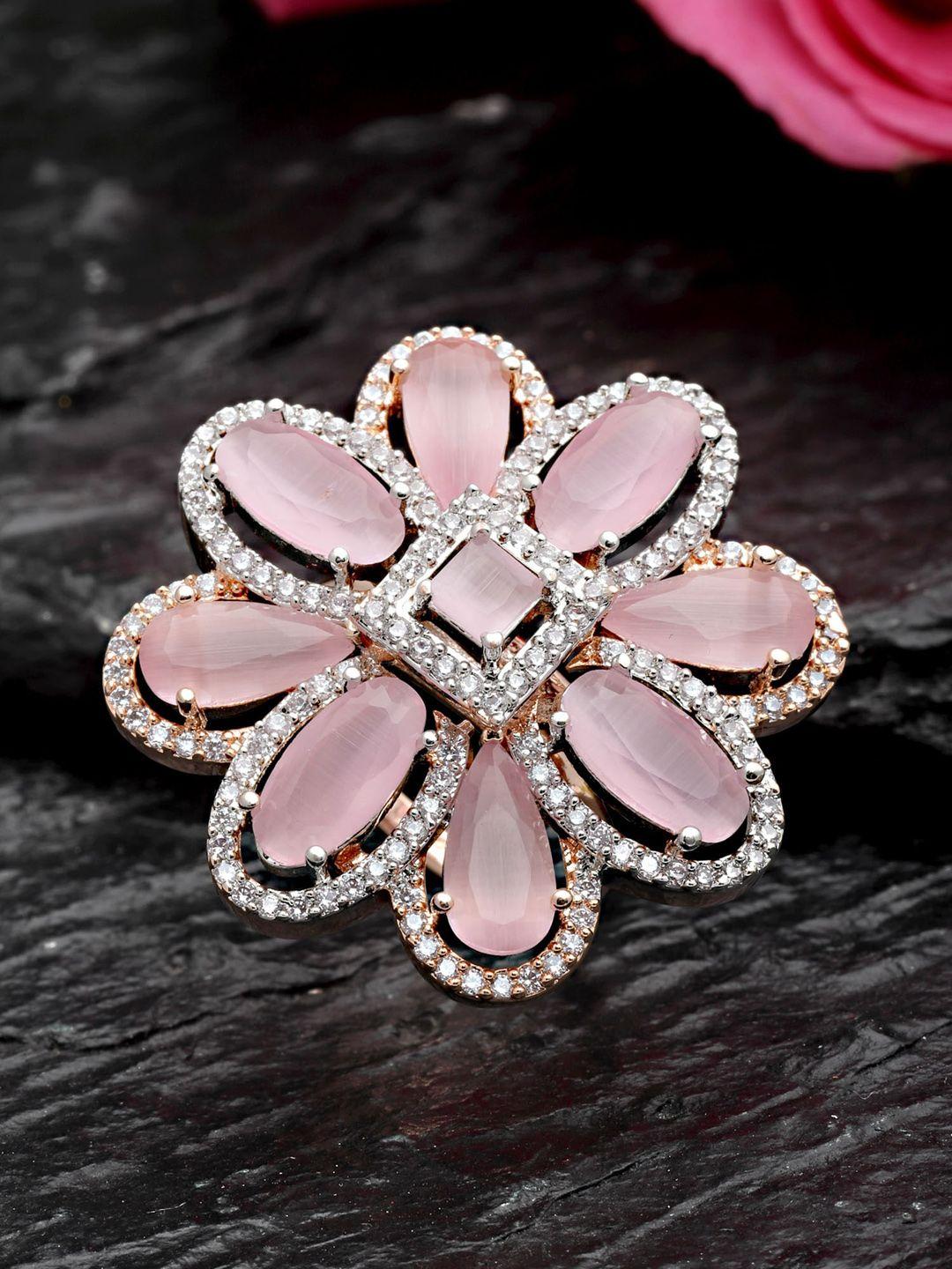 karatcart women rose gold-plated pink cubic zirconia studded adjustable ring