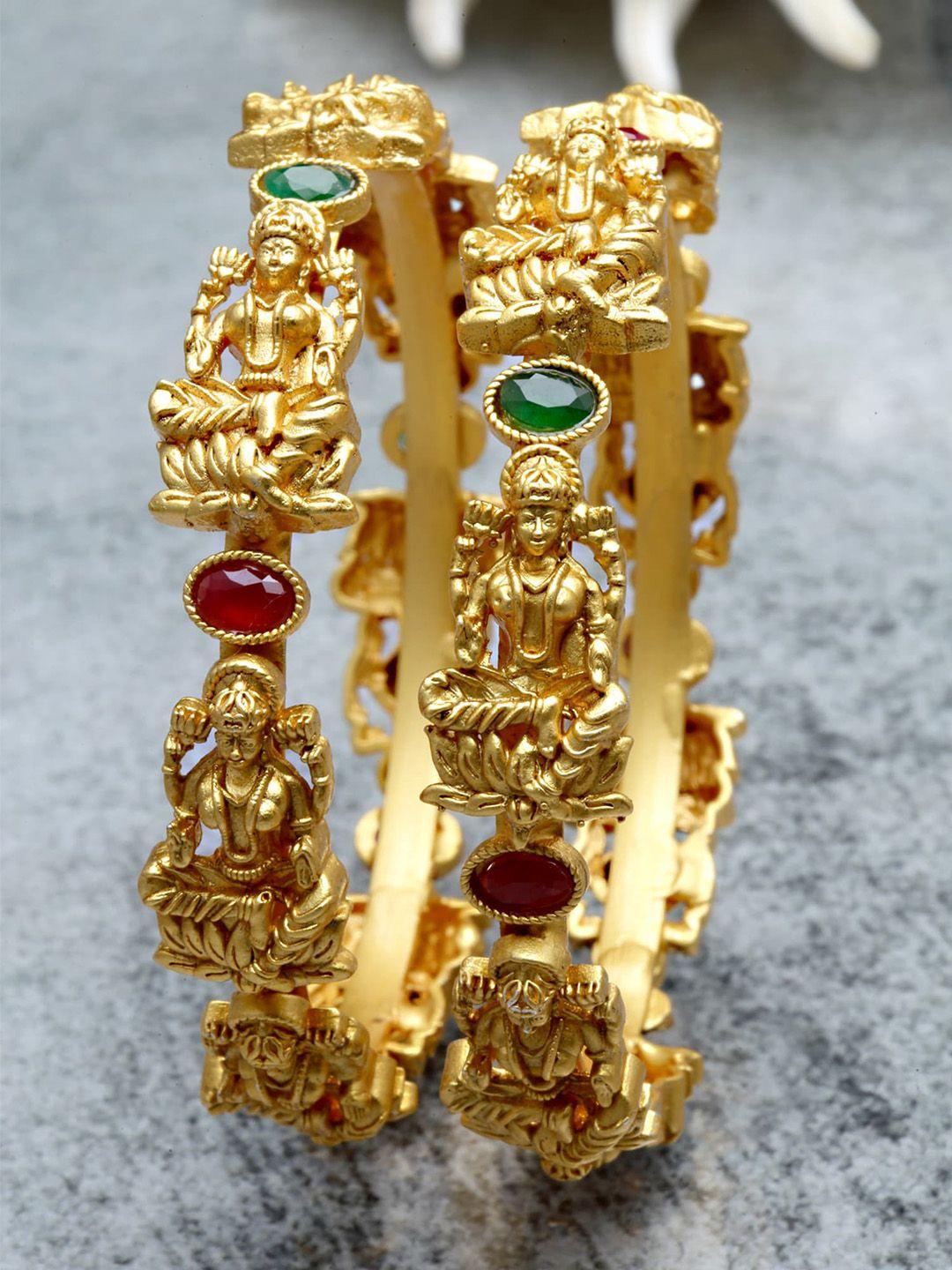 karatcart women set of 2 gold plated red & green kundan studded mata laxmi rajwadi temple bangle