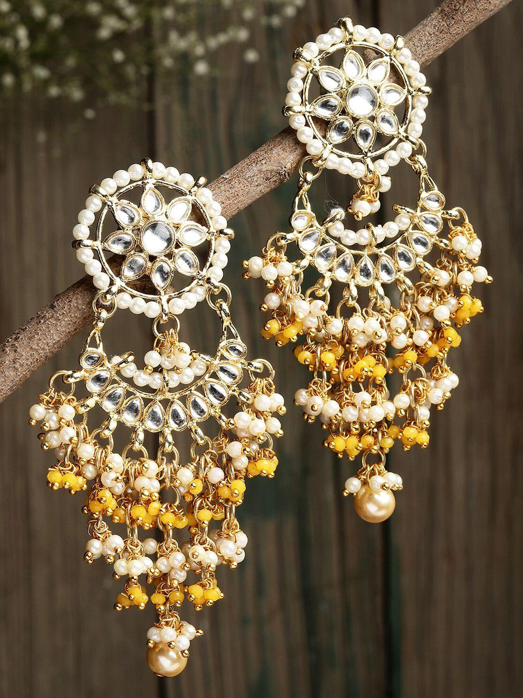 karatcart yellow kundan studded contemporary chandbalis earrings