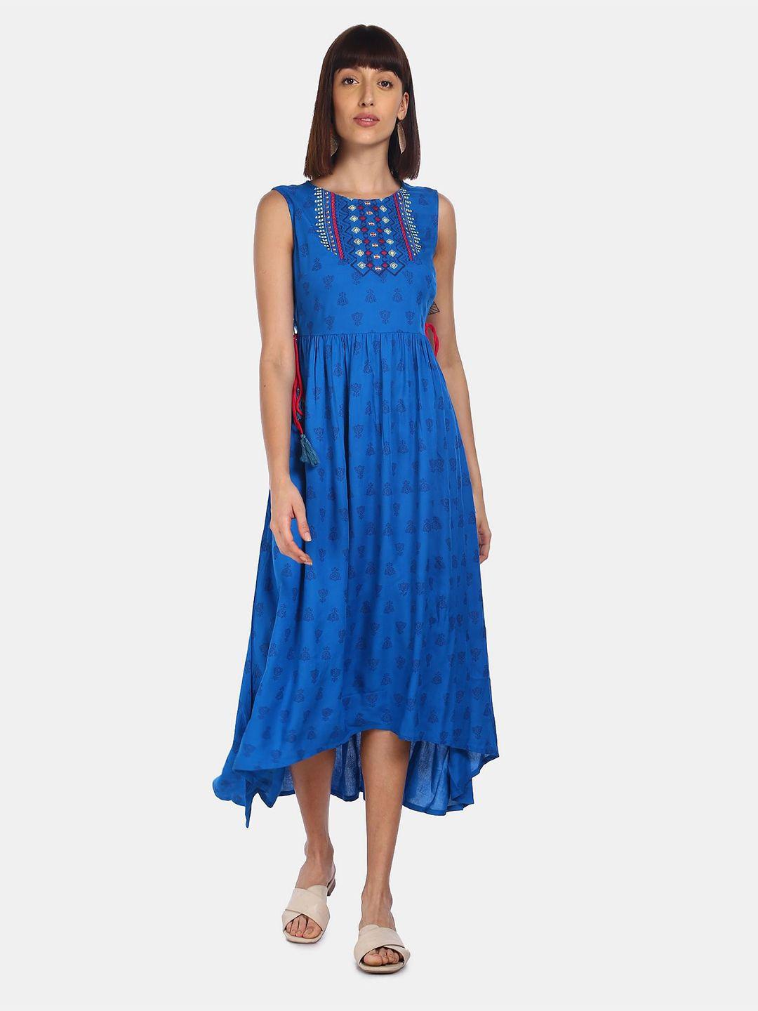 karigari blue women ethnic motifs cotton midi dress