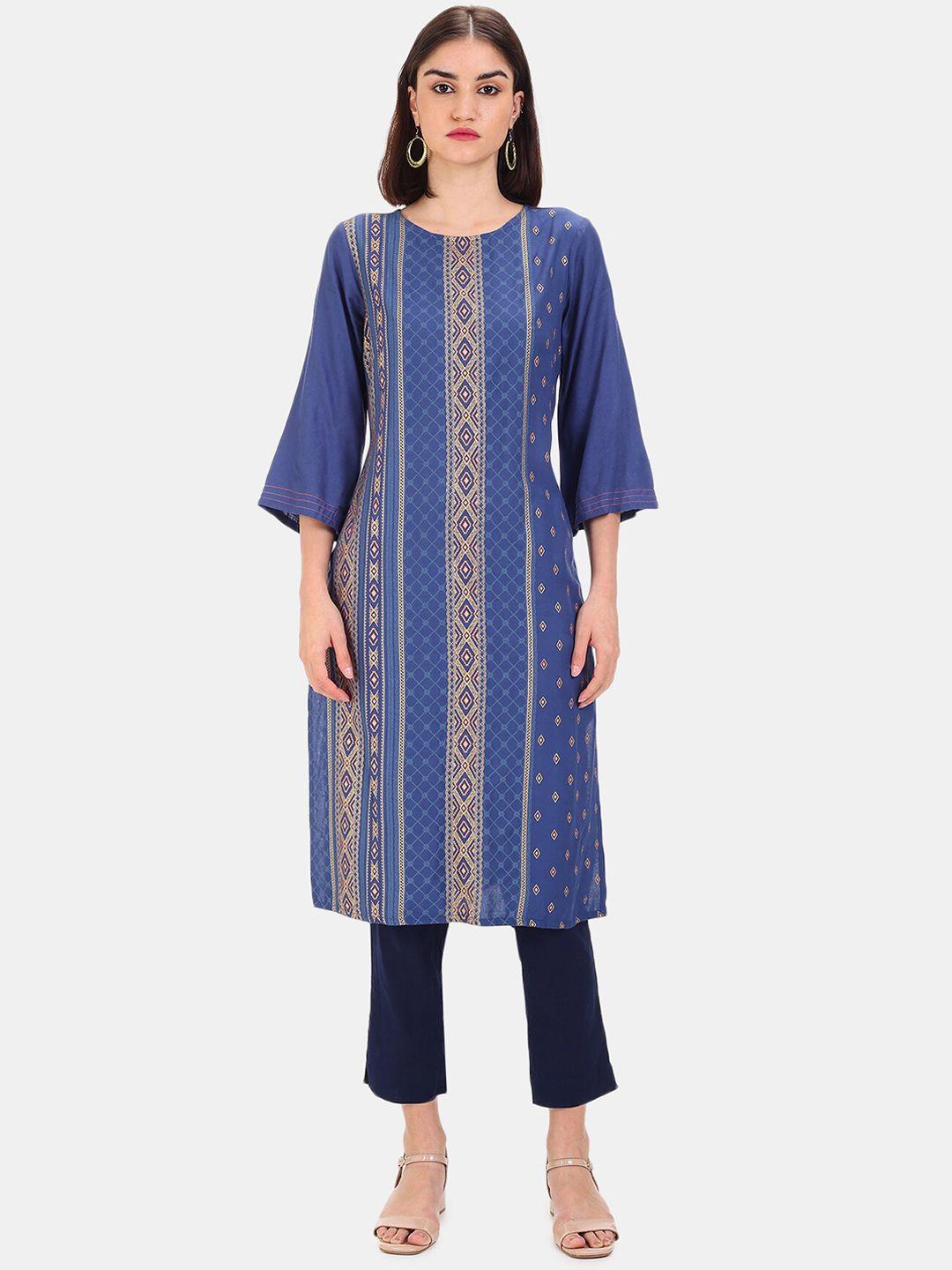 karigari women blue ethnic motifs printed thread work kurta