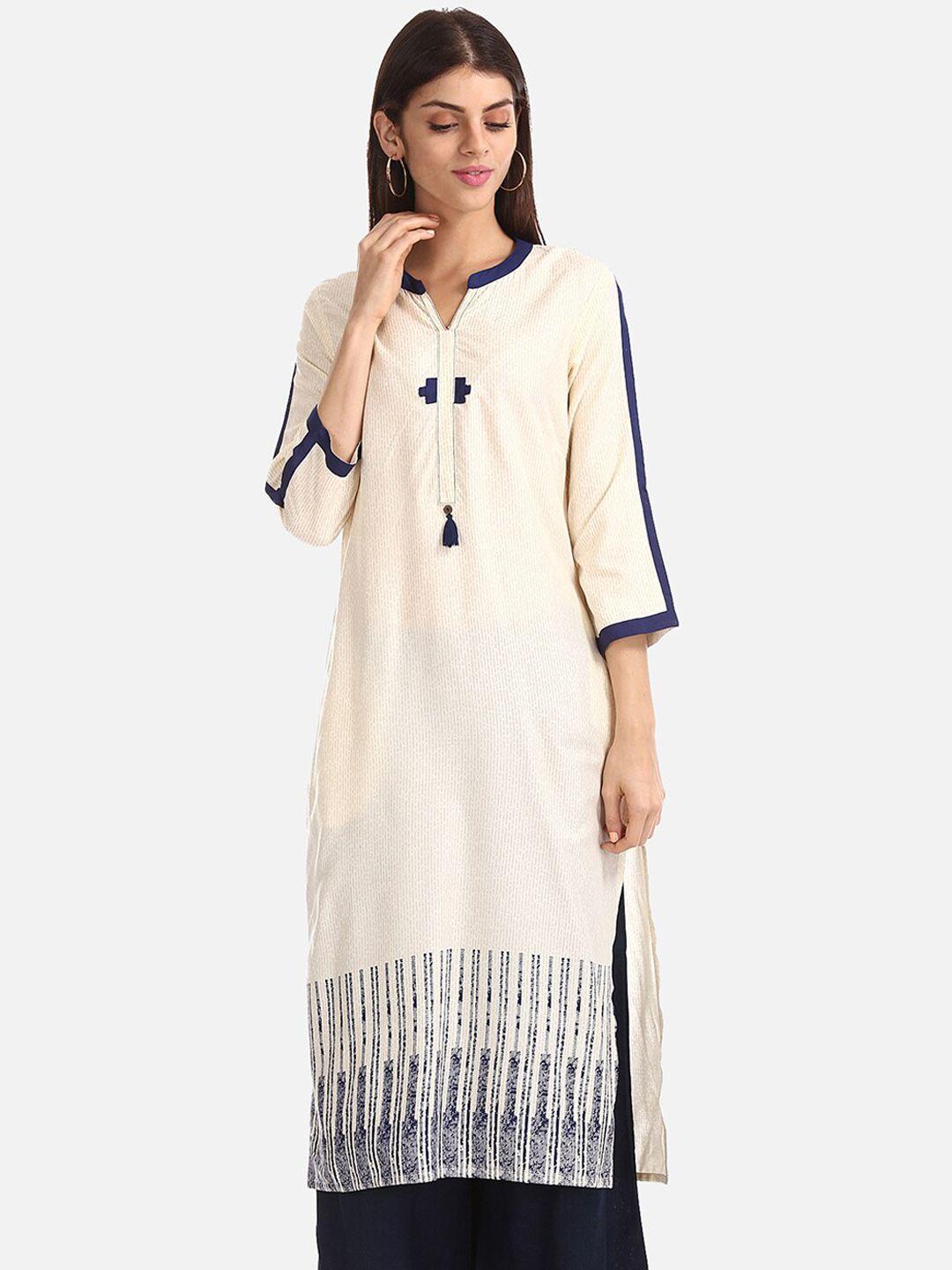 karigari women cream-coloured & navy blue printed a-line kurta