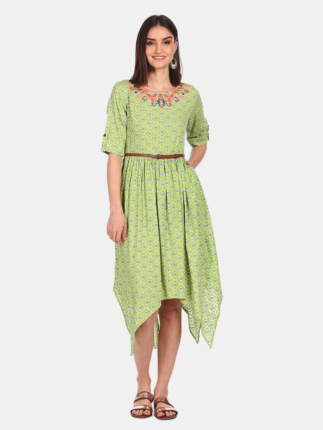 karigari green & blue printed belted midi dress