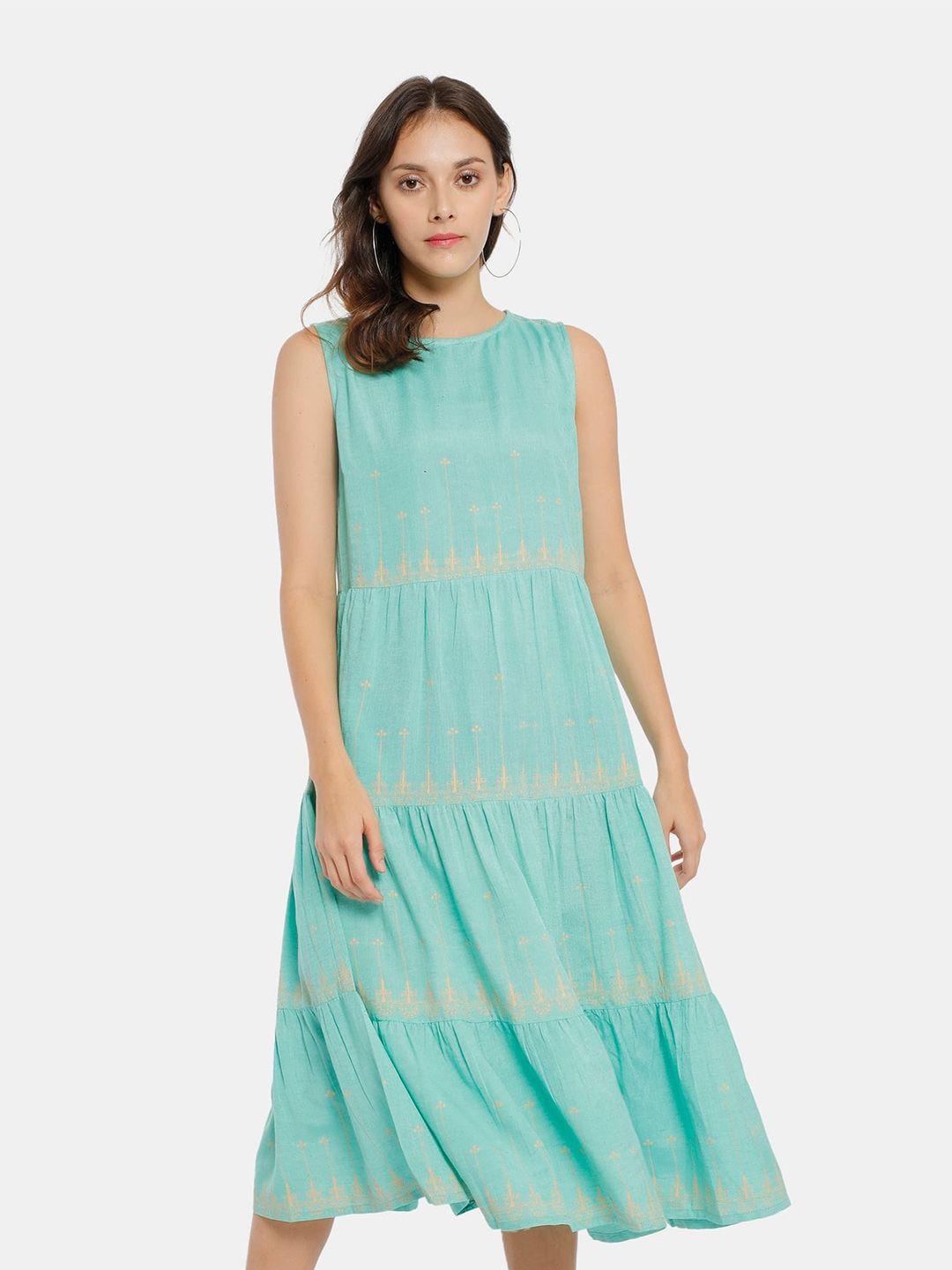 karigari green geometric sleeveless midi a-line dress