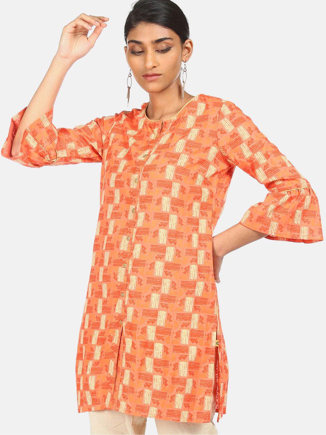 karigari orange & beige geometric printed flared sleeves kurti