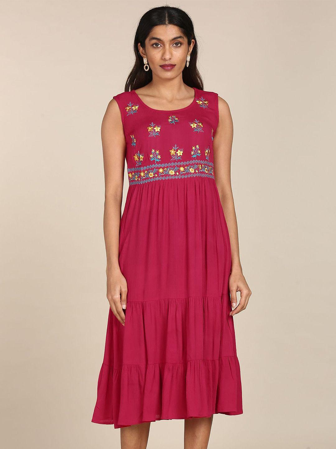 karigari pink ethnic motifs embroidered ethnic a-line midi dress