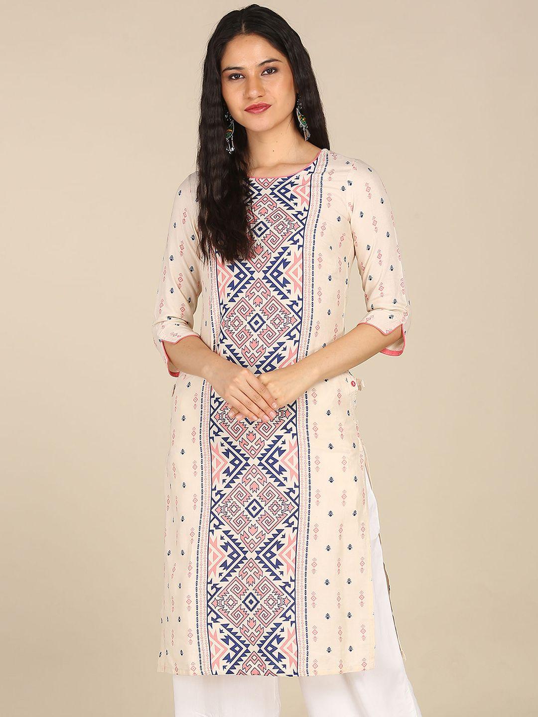 karigari women beige & pink geometric printed kurta