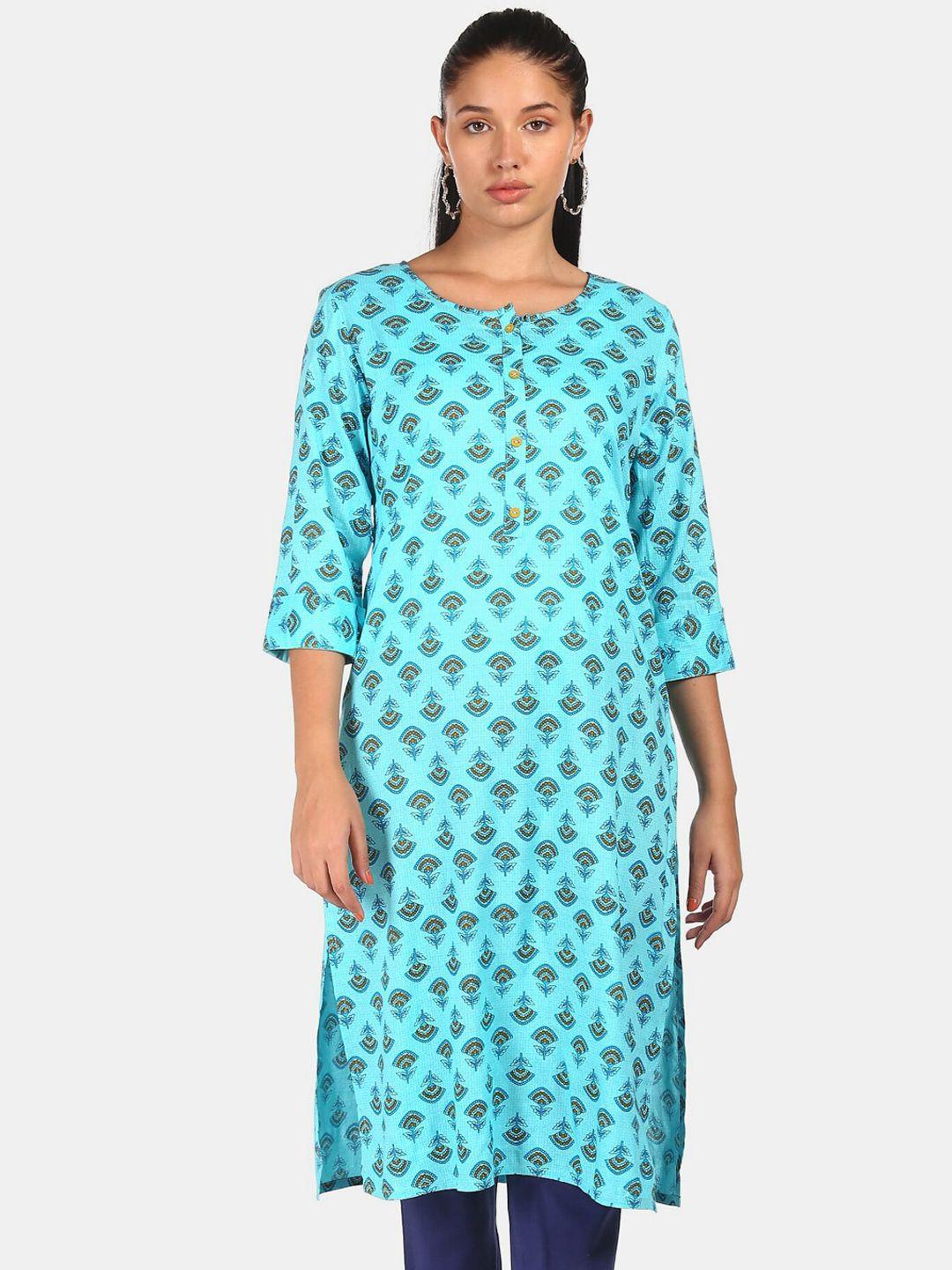 karigari women blue & yellow ethnic motifs printed kurta