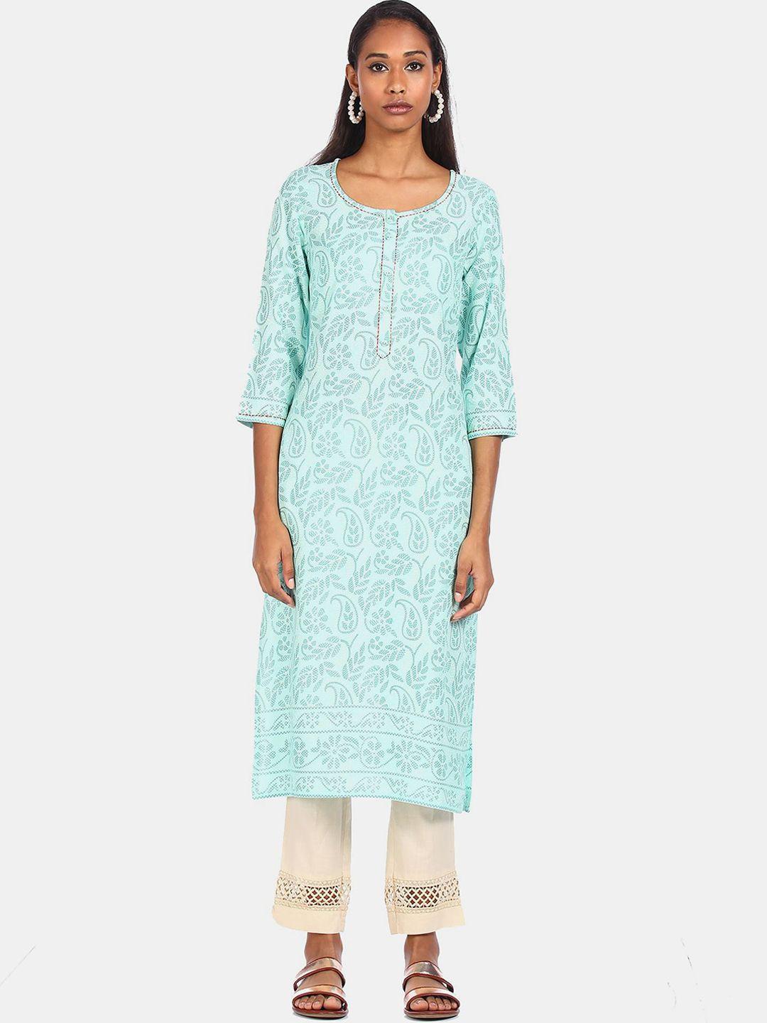 karigari women blue embroidered flared sleeves chikankari kurta