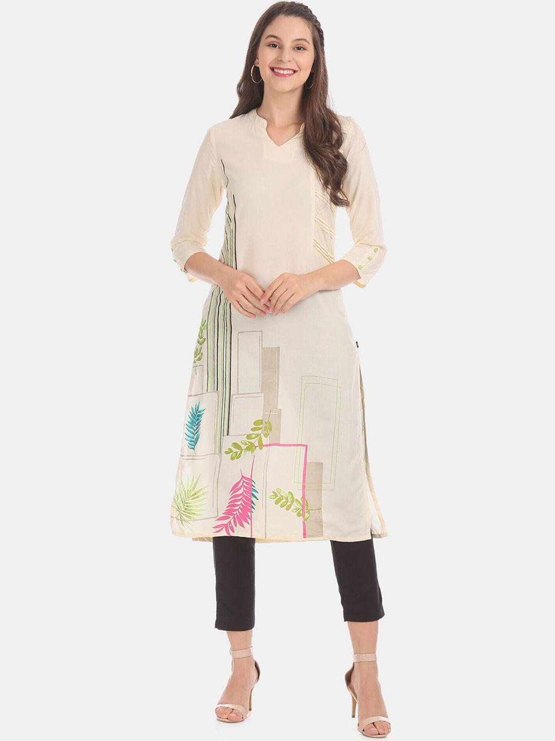 karigari women cream-coloured solid straight kurta