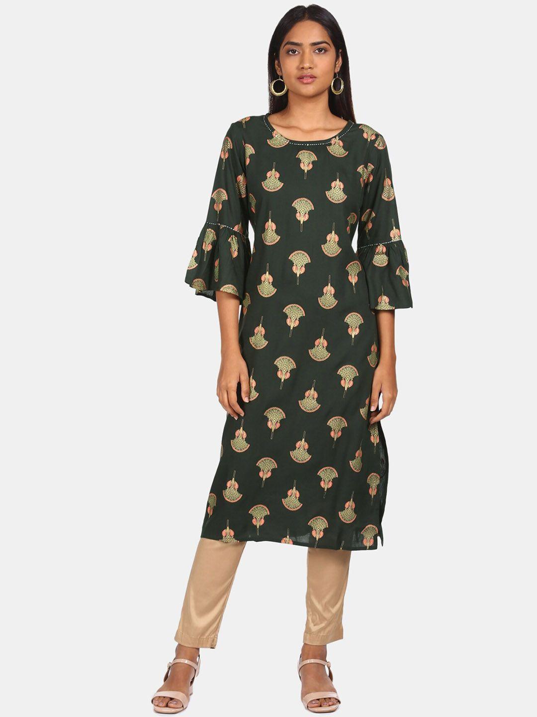 karigari women green floral printed mirror work anarkali kurta