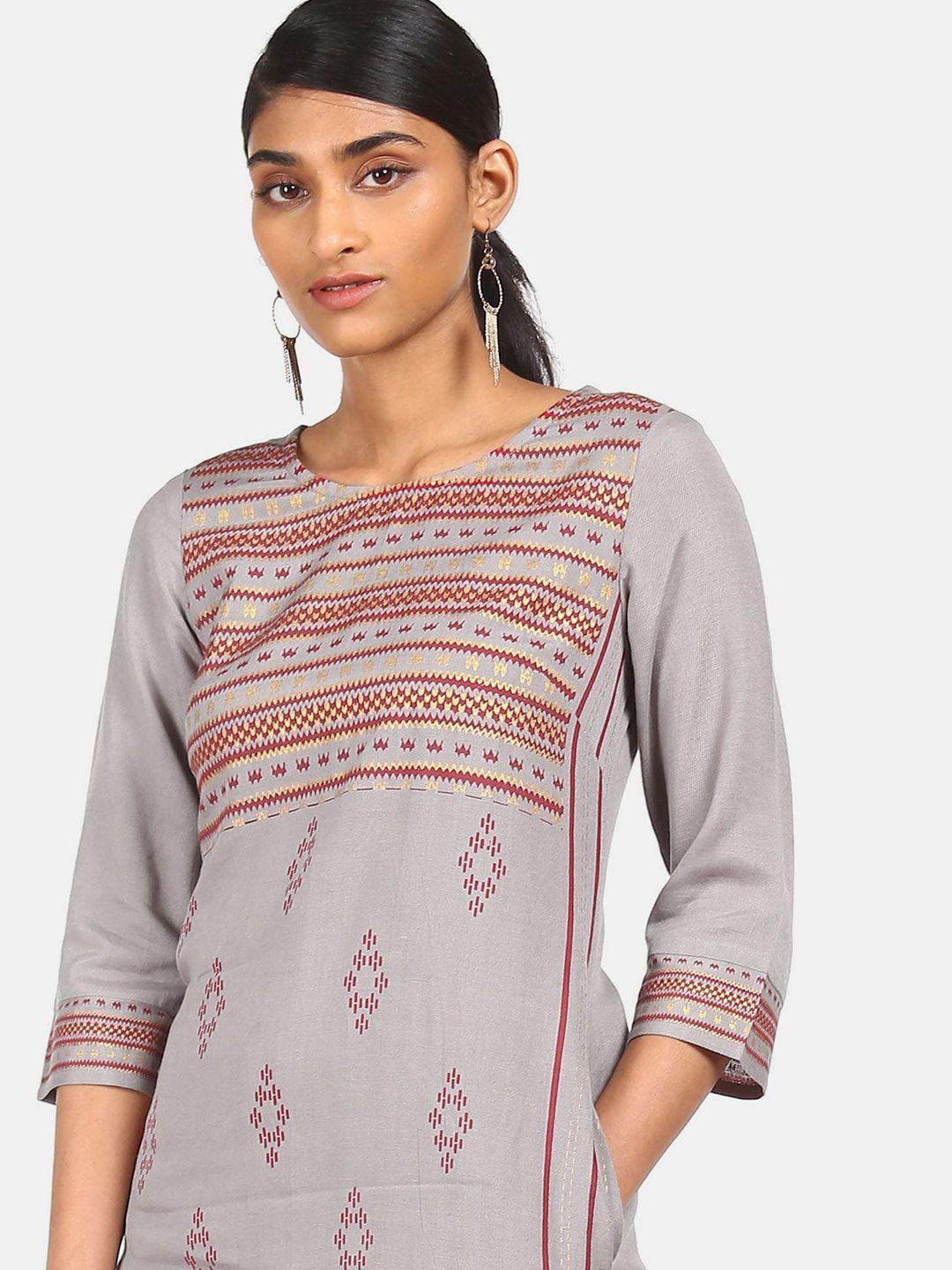 karigari women grey ethnic motifs printed thread work kurta