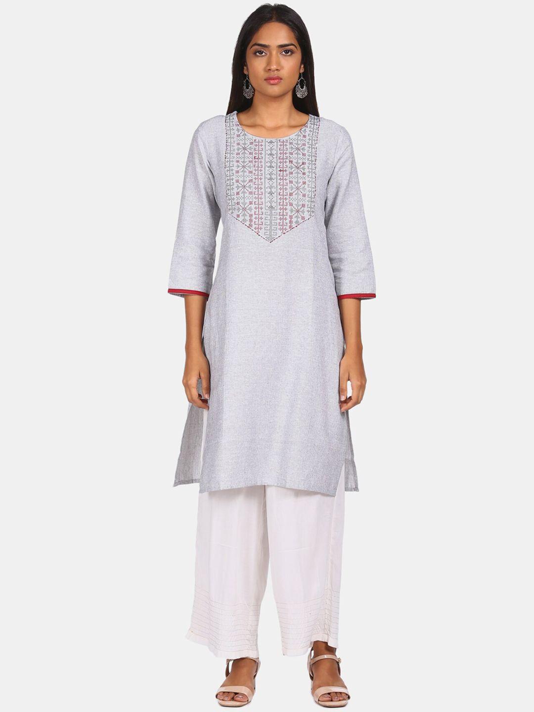 karigari women grey ethnic motifs yoke design flared sleeves thread work kurta