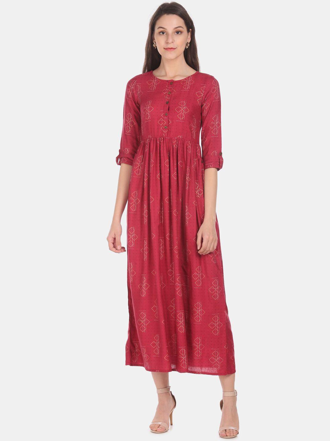 karigari women maroon printed a-line dress
