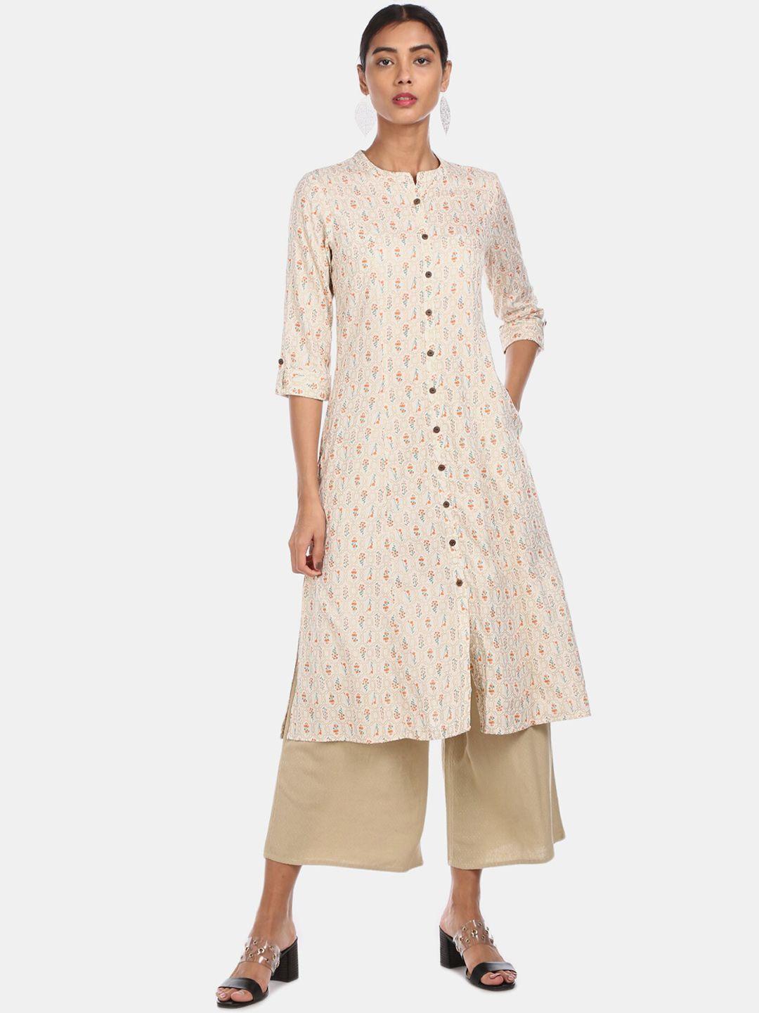 karigari women off white & green printed a-line kurta