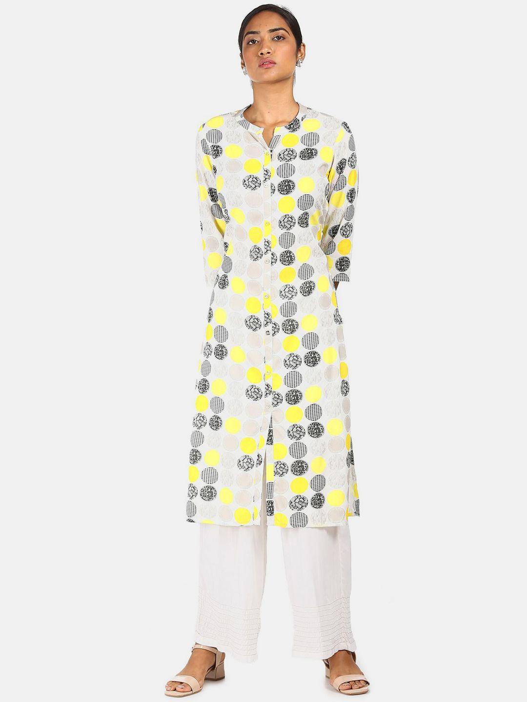 karigari women off-white & yellow geometric printed regular kurta