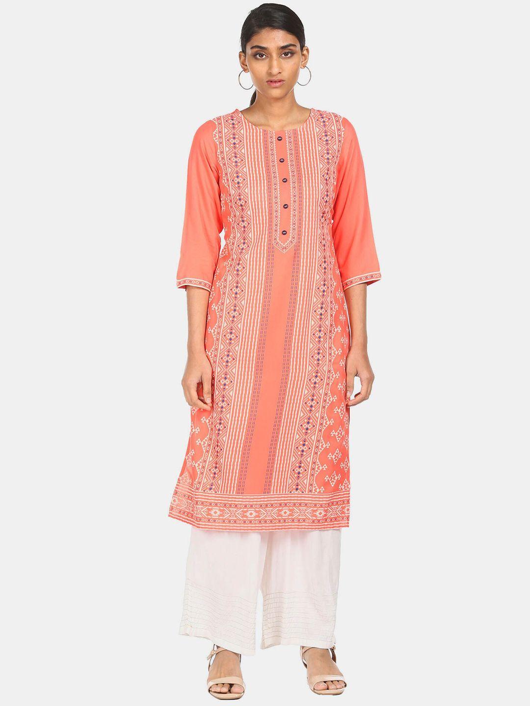 karigari women orange ethnic motifs printed gotta patti kurta