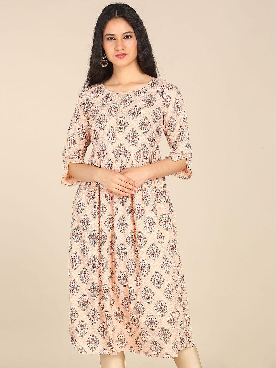 karigari women peach-coloured & red ethnic motifs printed anarkali kurta