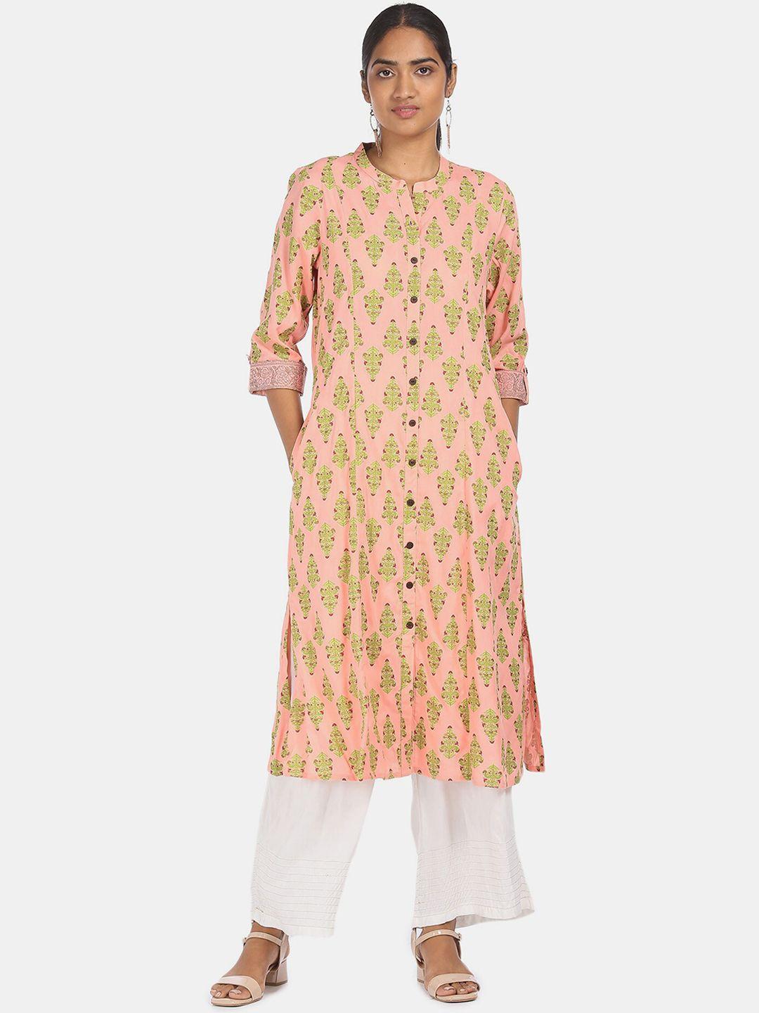 karigari women pink & green ethnic motifs printed kurta