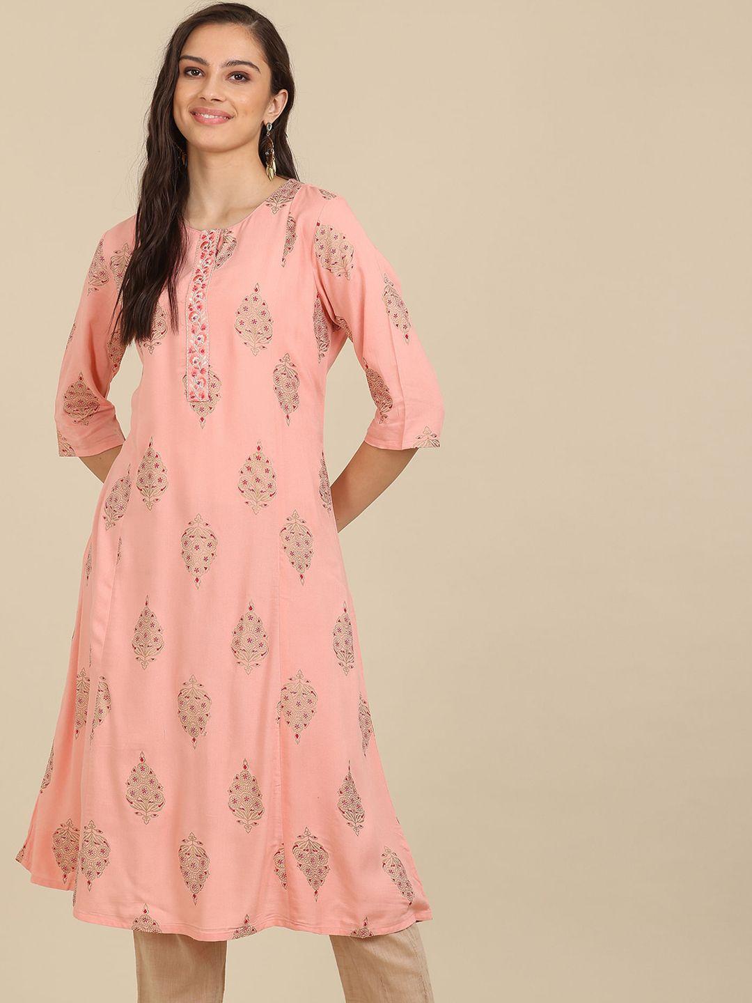 karigari women pink floral printed flared sleeves anarkali kurta