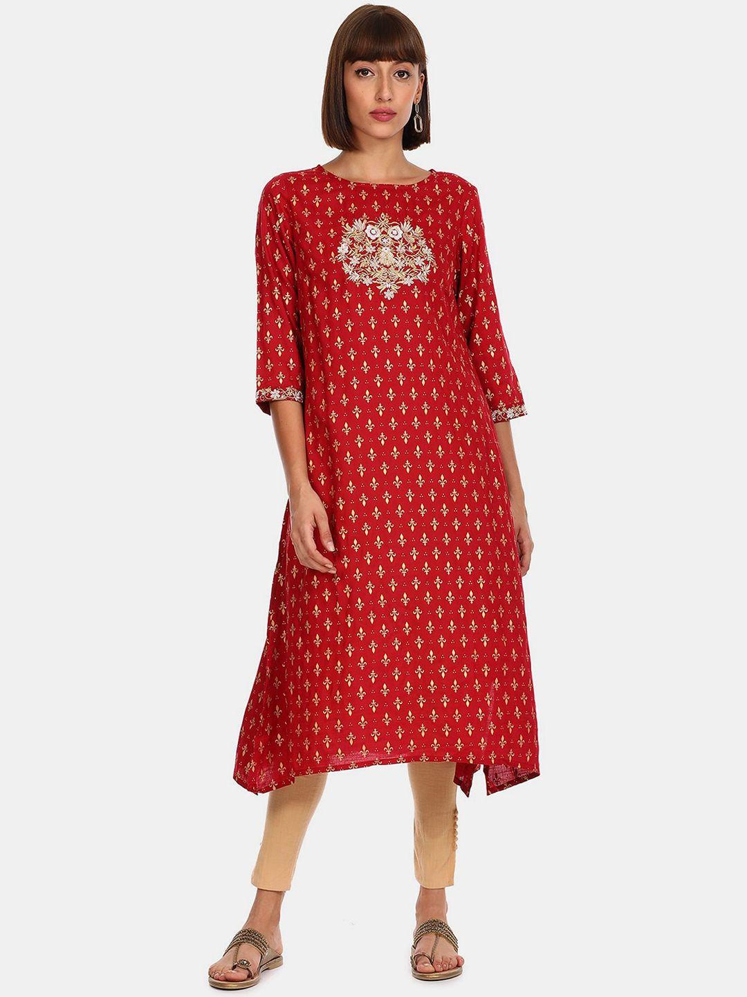 karigari women red & beige ethnic motifs printed kurta