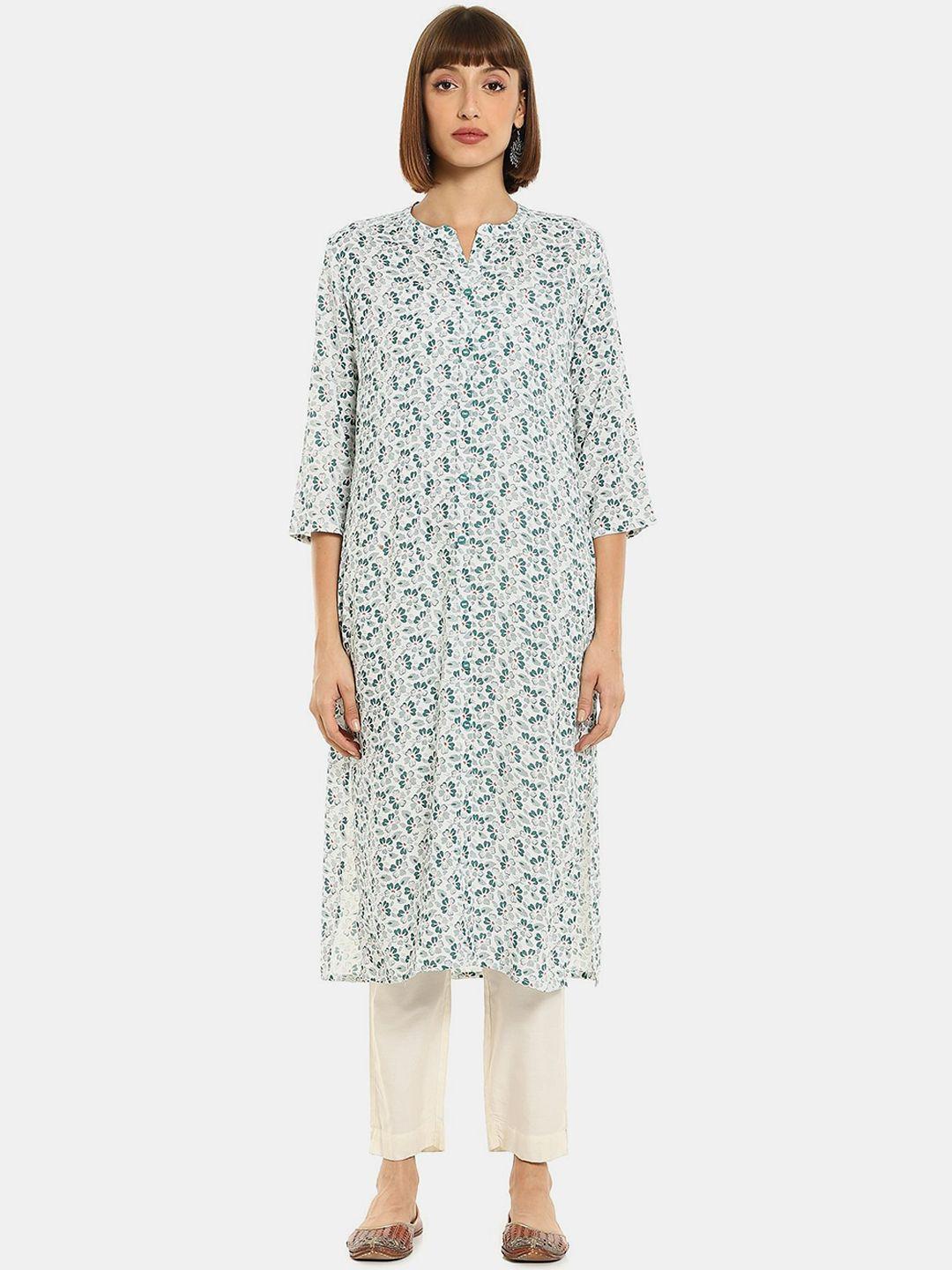 karigari women white & green floral printed kurta