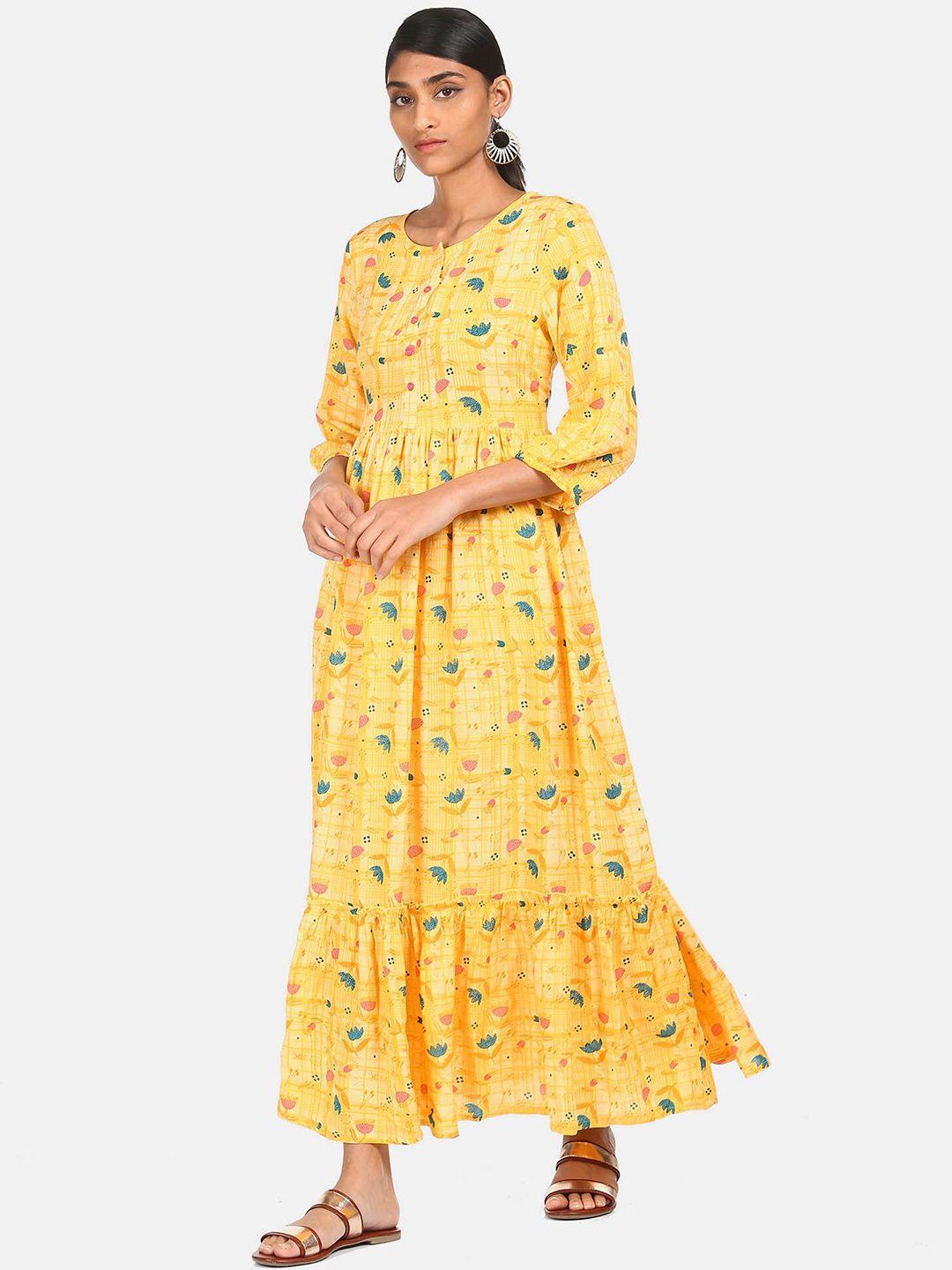 karigari women yellow & blue floral printed maxi dress