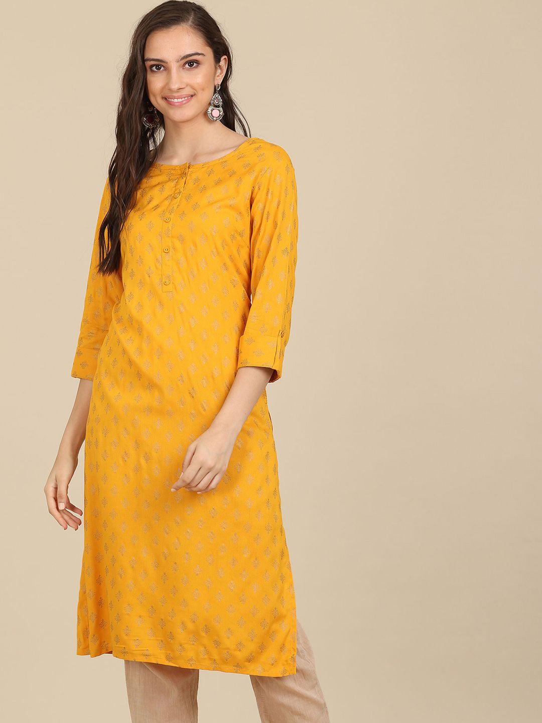 karigari women yellow & gold-toned ethnic motifs printed kurta