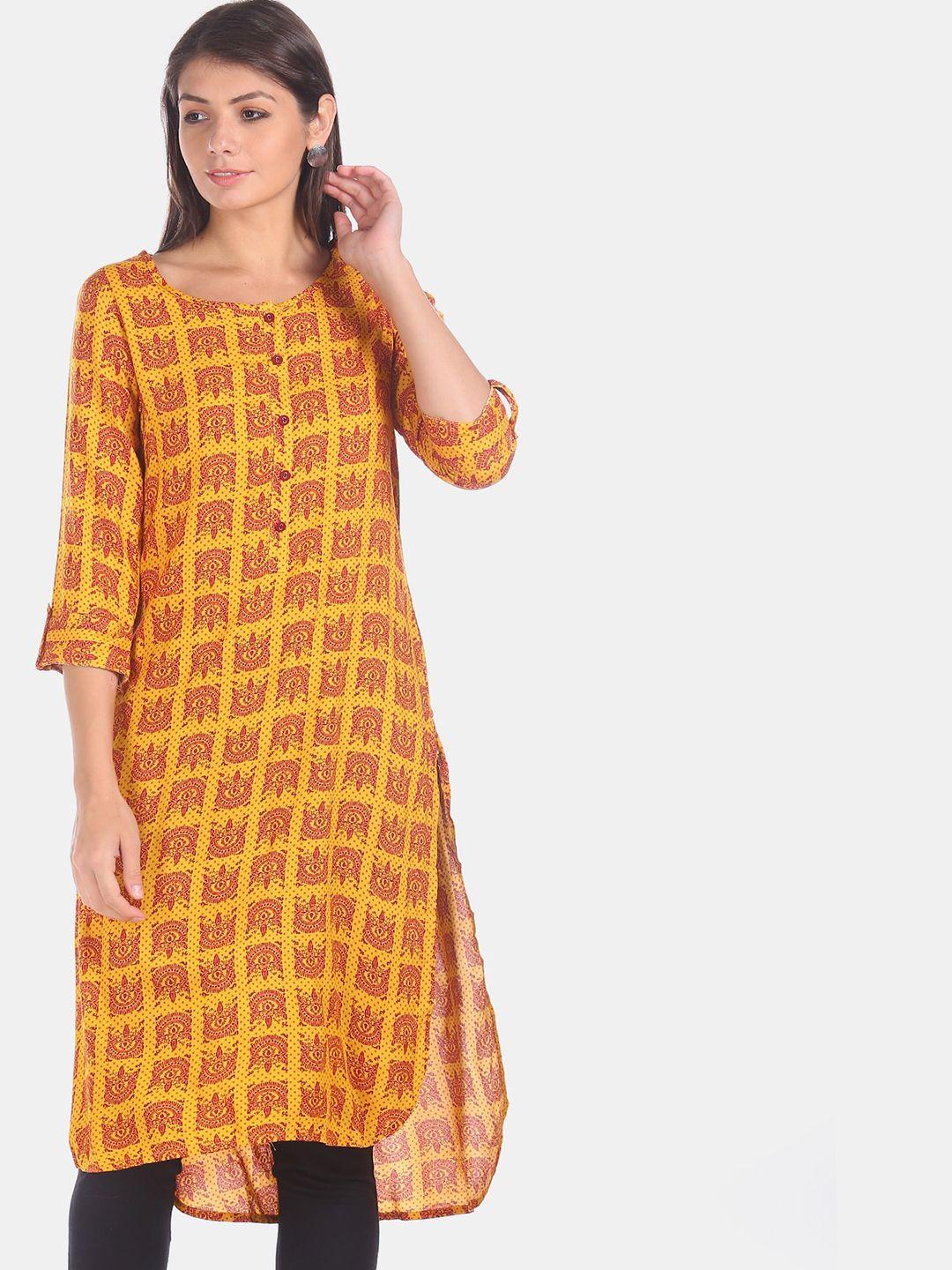 karigari women yellow & maroon ethnic motifs checked kurta