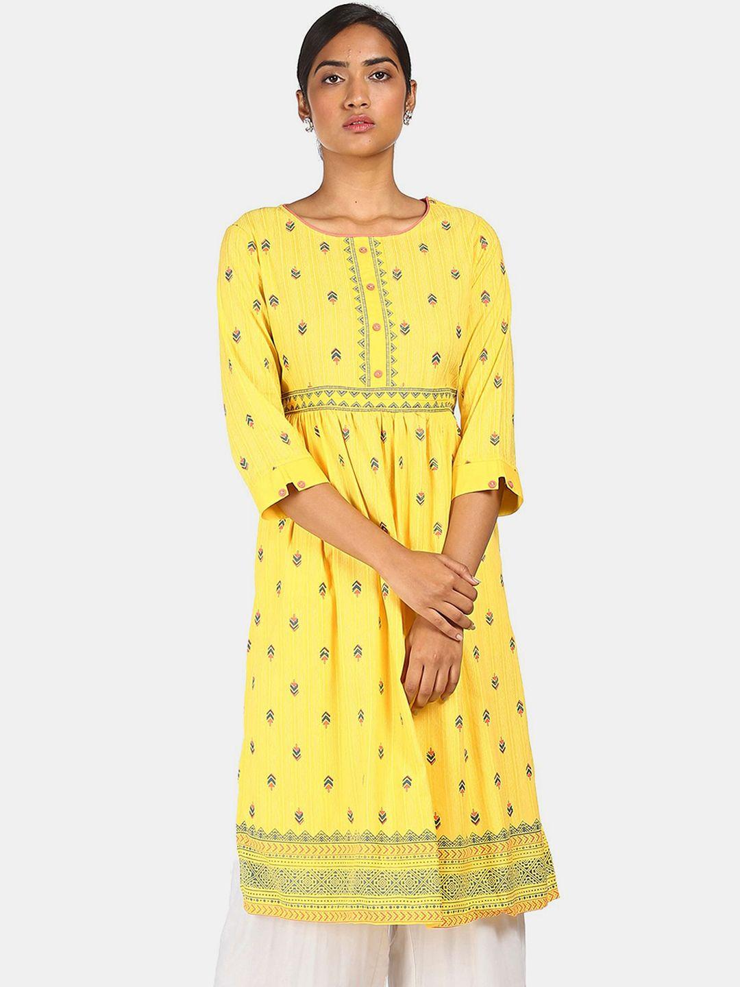 karigari women yellow & pink floral printed floral kurta