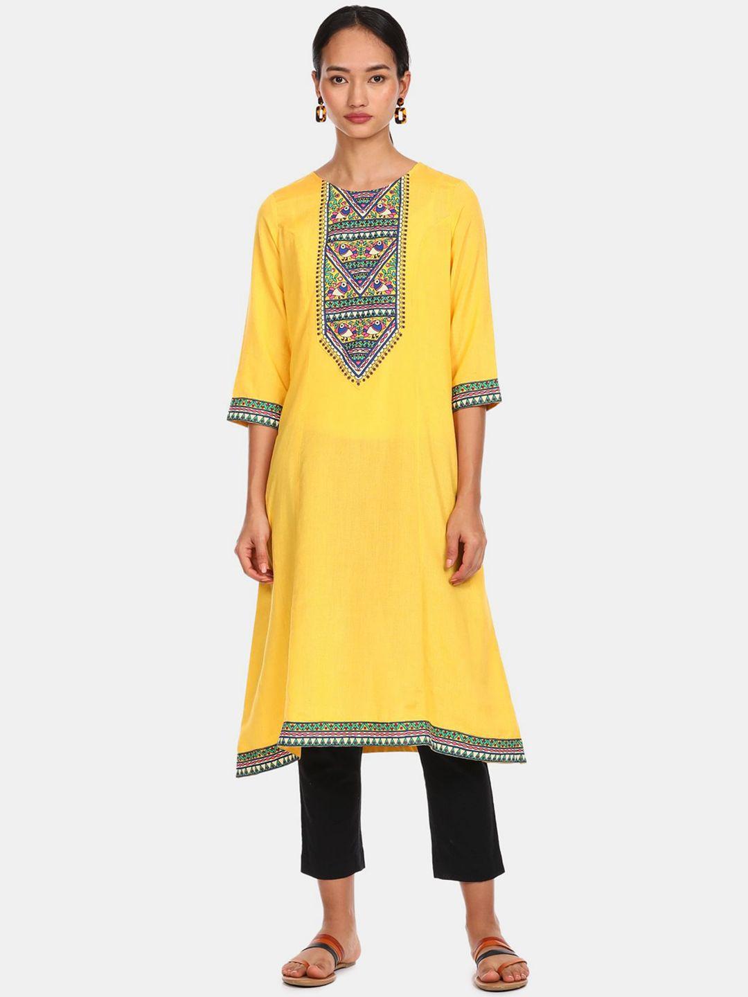 karigari women yellow & pink tribal yoke design  regular kurta