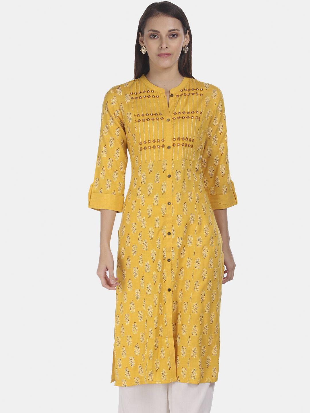 karigari women yellow & white floral printed straight kurta